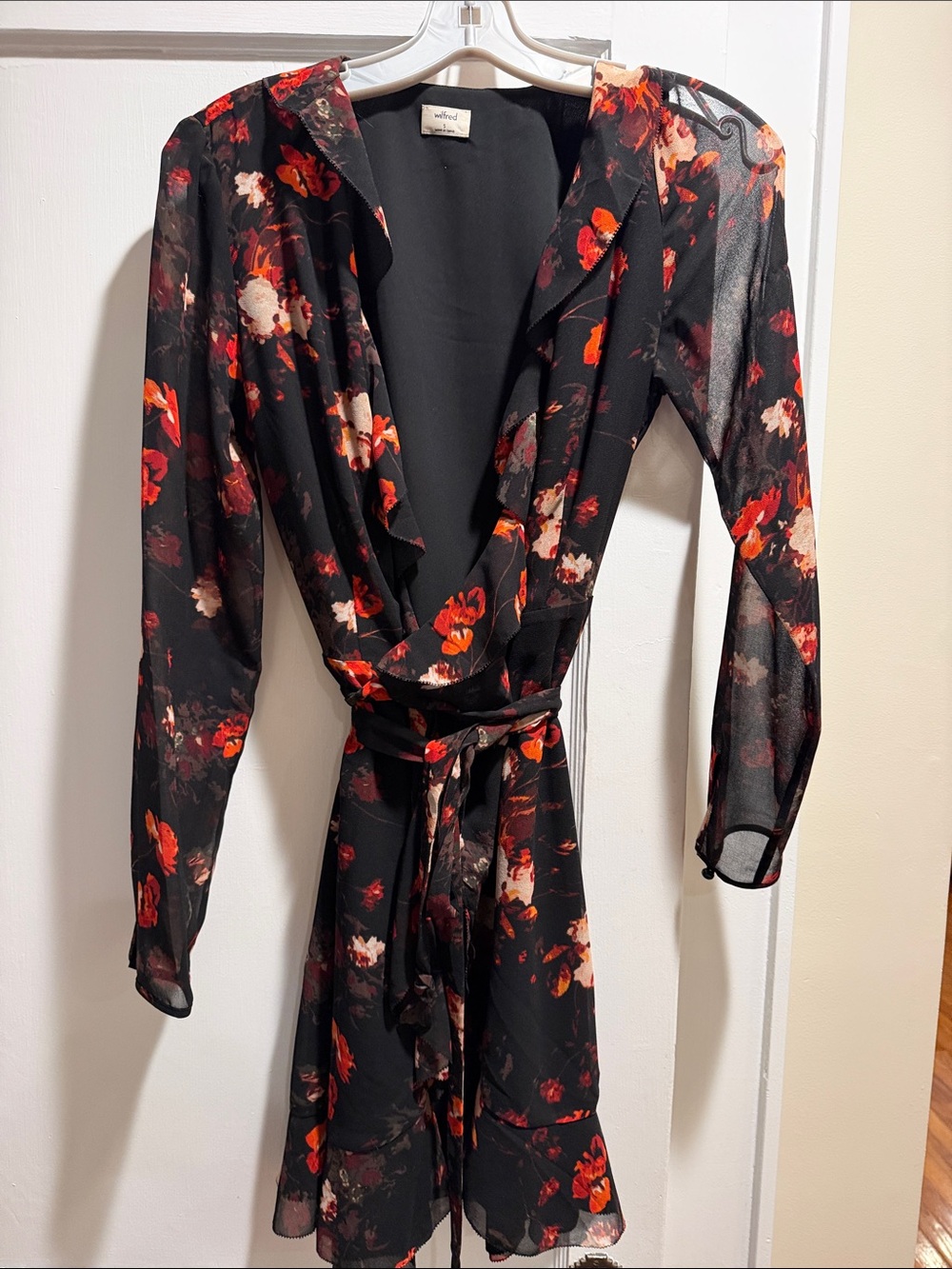 Wilfred Black Floral Wrap Dress with Red & Cream Accents
